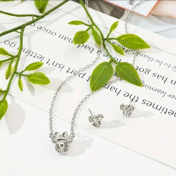 Silver Rhinestone Mickey Minnie Necklace Earrings Matching Set - Picture 5 of 6
